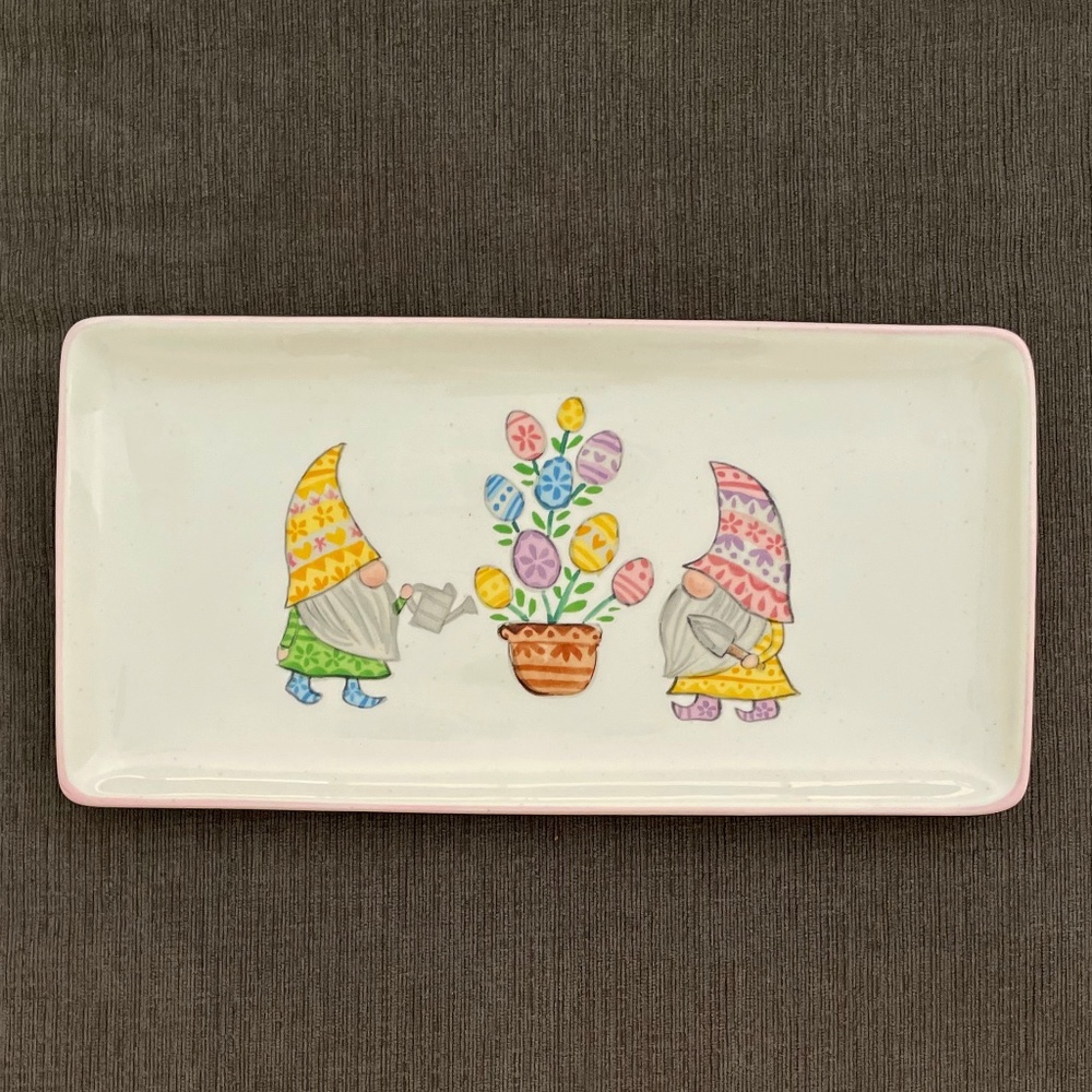 Carrot Patch Cottage Gnome Easter Egg Ceramic Platter Serving Tray